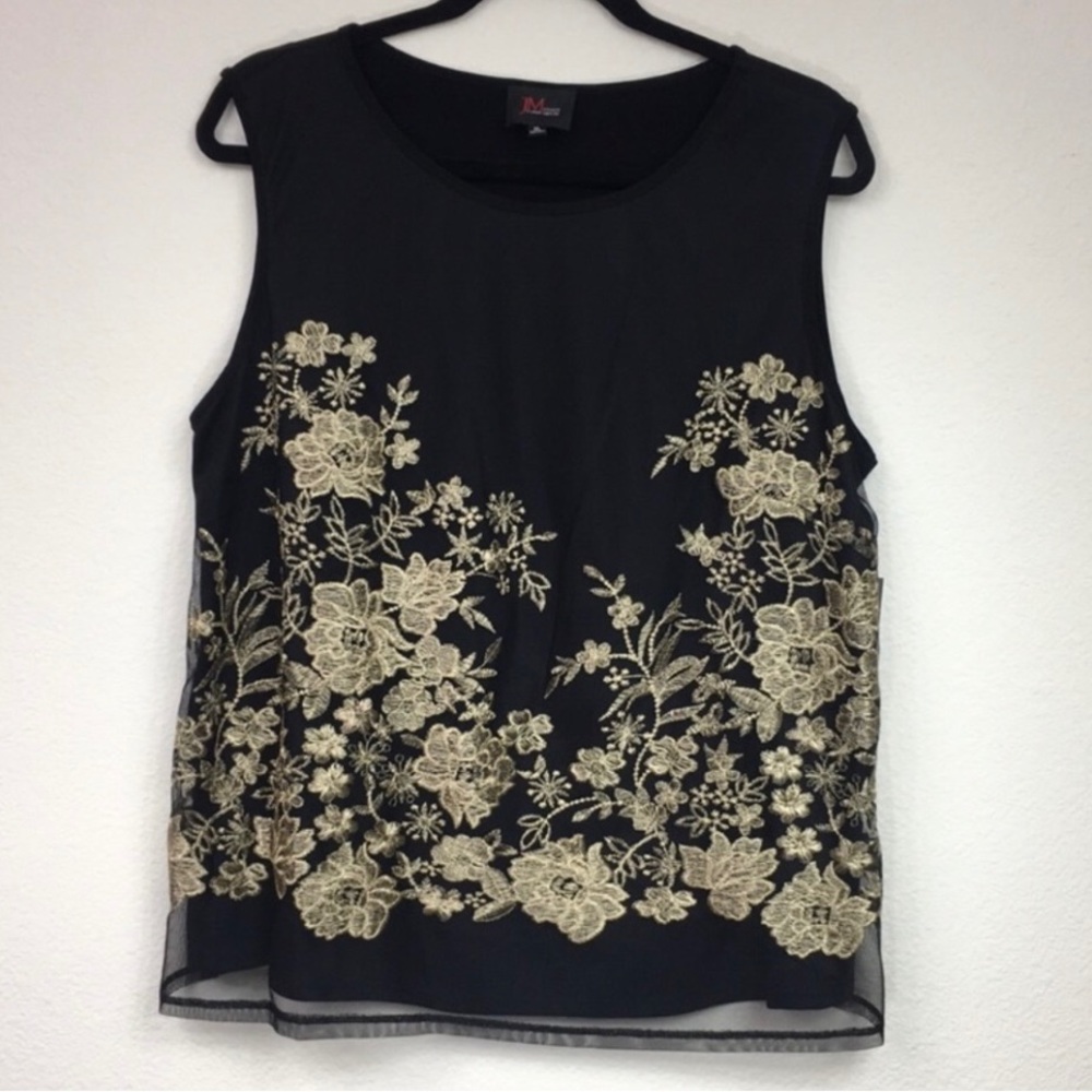 NWT New JM Studio Womens Black Gold Floral Embroidered Sleeveless Blouse Size XL